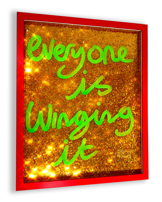 Winging it. Green ink over gold sequins.