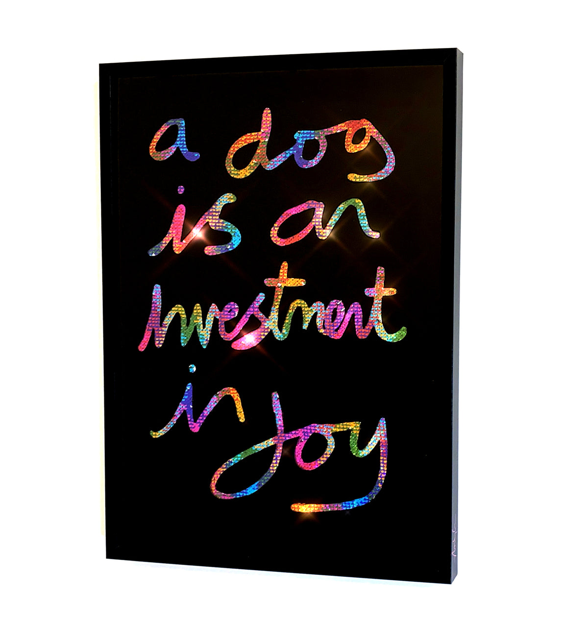 Investment in joy, Stencil black ink over multi coloured sequins.