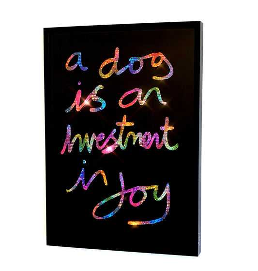 Investment in joy, Stencil black ink over multi coloured sequins.