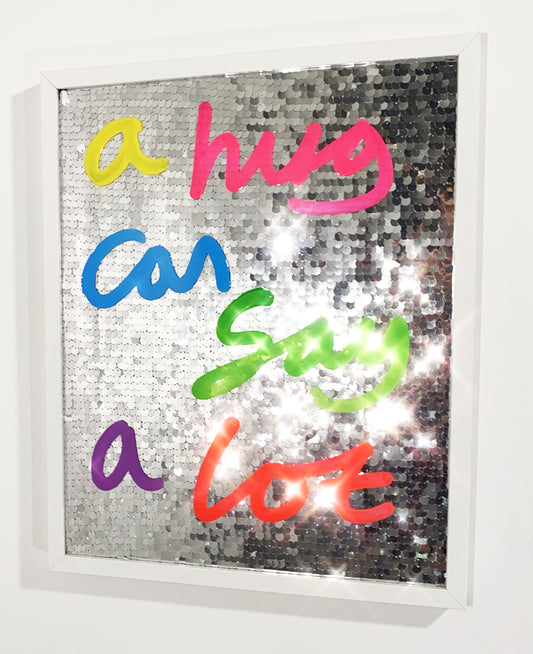 A hug, ink over silver mirrored sequins.