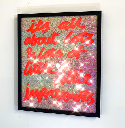 Little improvements, neon orange over white/subtle gradient sequins.
