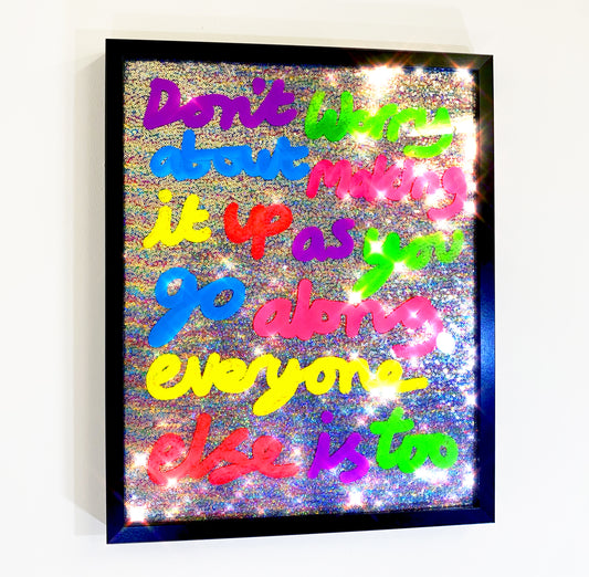 Making it up, ink over iridescent silver sequins.